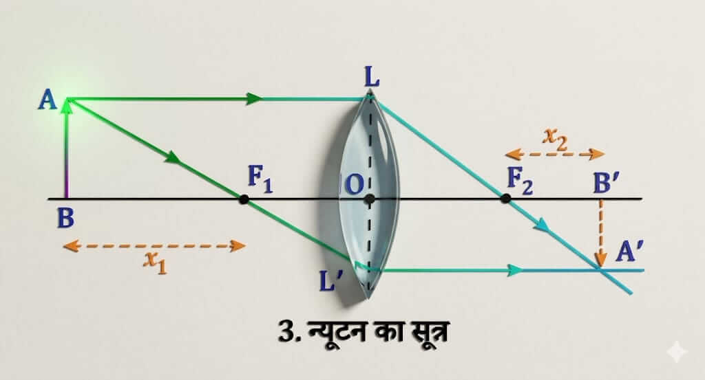उत्तल लेंस के लिए न्यूटन के सूत्र x_1x_2 = f_1f_2 का किरण आरेख (Ray Diagram).