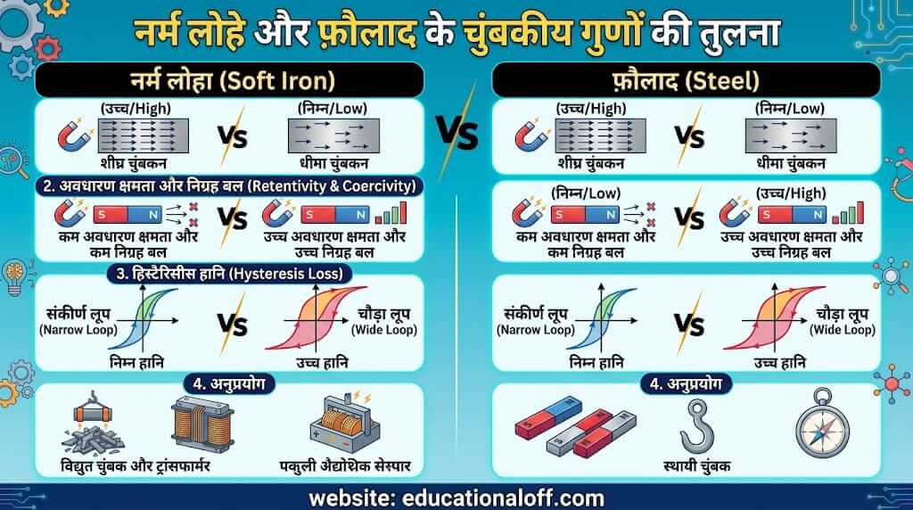 नर्म लोहे और फौलाद के चुम्बकीय गुणों में अंतर by educationallof