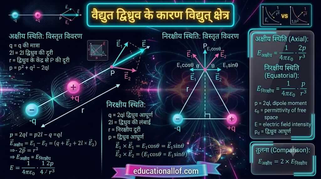 द्विध्रुव के कारण विद्युत् क्षेत्र (Electric Field due to Electric Dipole) by educationallof